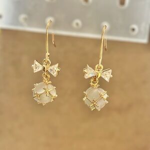 Chic Gold Tone Bow & Moonstone Dangle Earrings